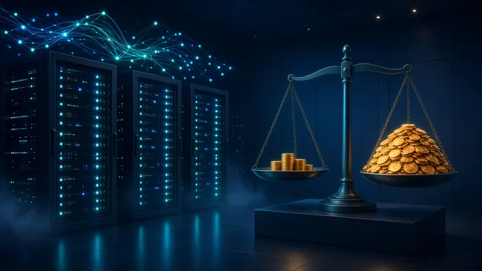 Server racks and a scale weighing cheap open AI models against costly frontier models